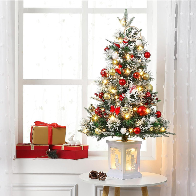 3Ft Artificial Christmas Tree With Snow Flocked And Lighting Snowflake Base Battery Operated Xmas Pine Tree With 78 LED Lights 8 Lighting Modes And